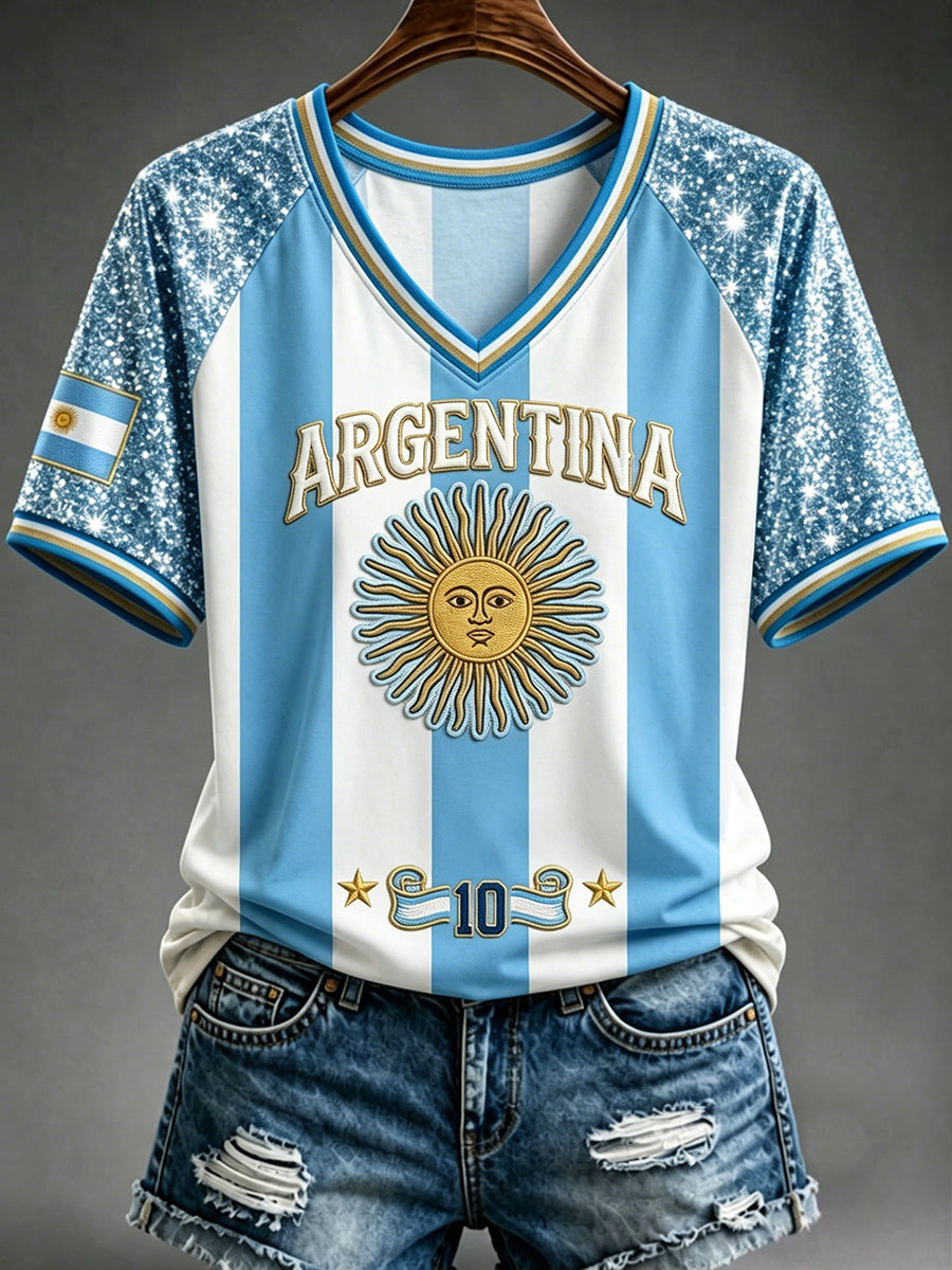 Women's Argentina Football Inspired Glitter Print V-neck Short-sleeved T-shirt