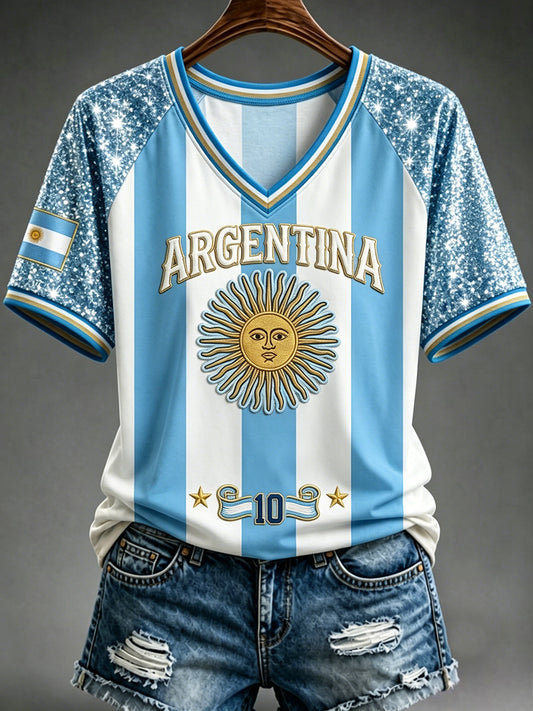 Women's Argentina Football Inspired Glitter Print V-neck Short-sleeved T-shirt