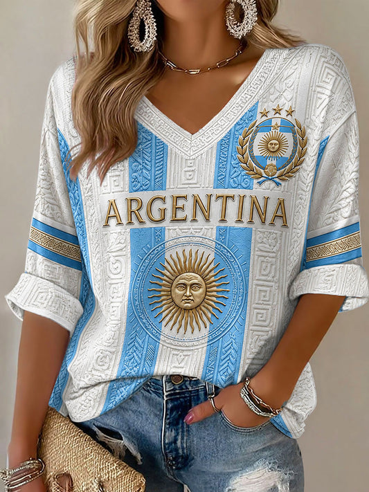 Women's Argentina Football Mid-length Sleeves V-Neck T-Shirt
