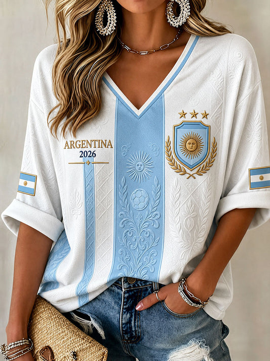 Women's Argentina Football Mid-length Sleeves V-Neck T-Shirt