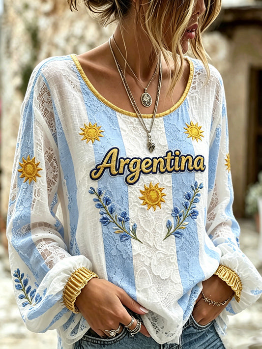 Women's sun and flower pattern printed cotton and linen shirt