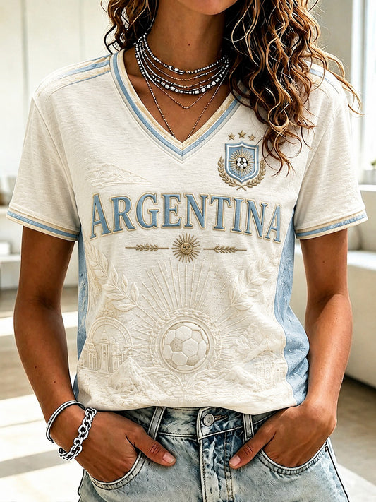Women's Argentina Football Printed V-neck T-shirt
