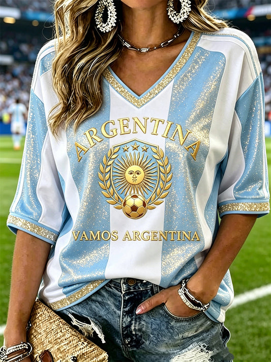 Women's Vamos Argentina Football Glitter Flag Colorblock Print Mid-length Sleeves V-Neck T-Shirt
