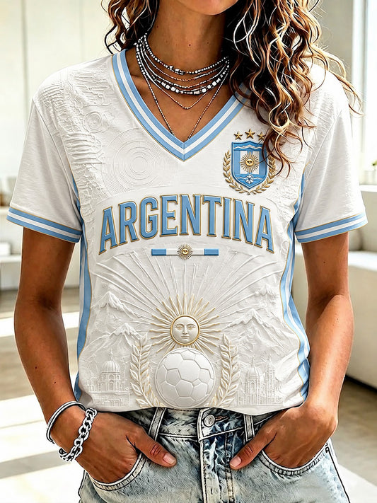 Women's Argentina Football Printed V-neck T-shirt