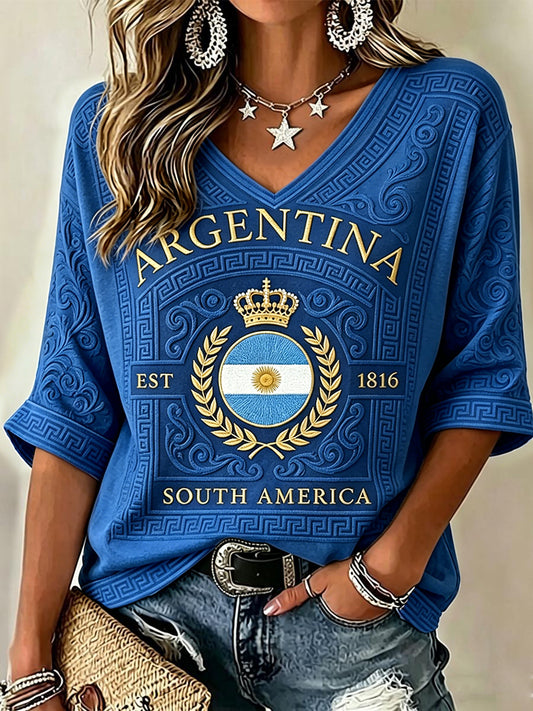 Women's Argentina Football Fan Mid-length Sleeves V-Neck T-Shirt