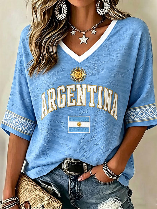 Women's Argentina Football Fan Mid-length Sleeves V-Neck T-Shirt