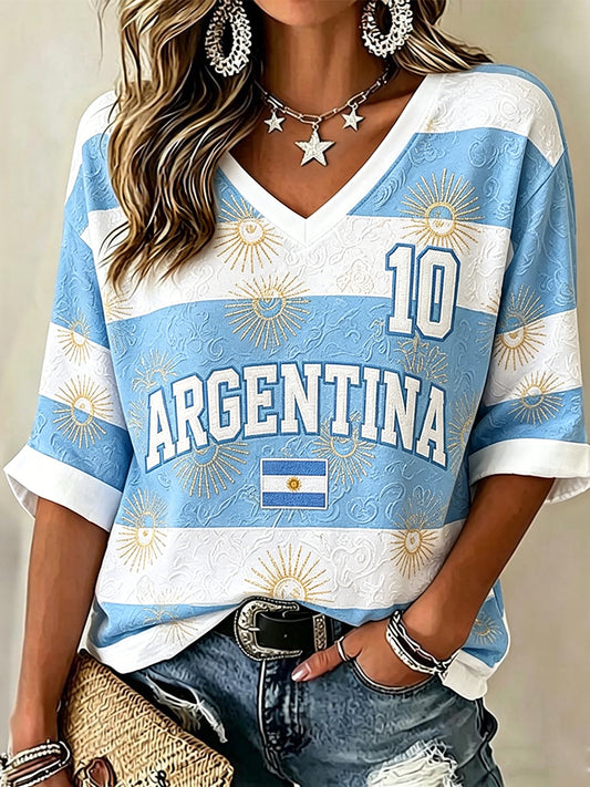 Women's Argentina Football Fan Mid-length Sleeves V-Neck T-Shirt