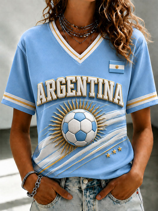 Women's Argentina Football Printed V-neck T-shirt