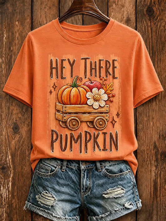 Women's Hey There Pumpkin Striped Fall Print Round Neck Short Sleeve T-shirt