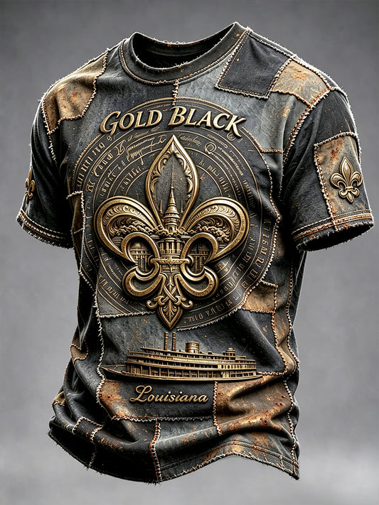 Men’s New Orleans Saints American Football Patchwork Print Vintage Casual T-shirt