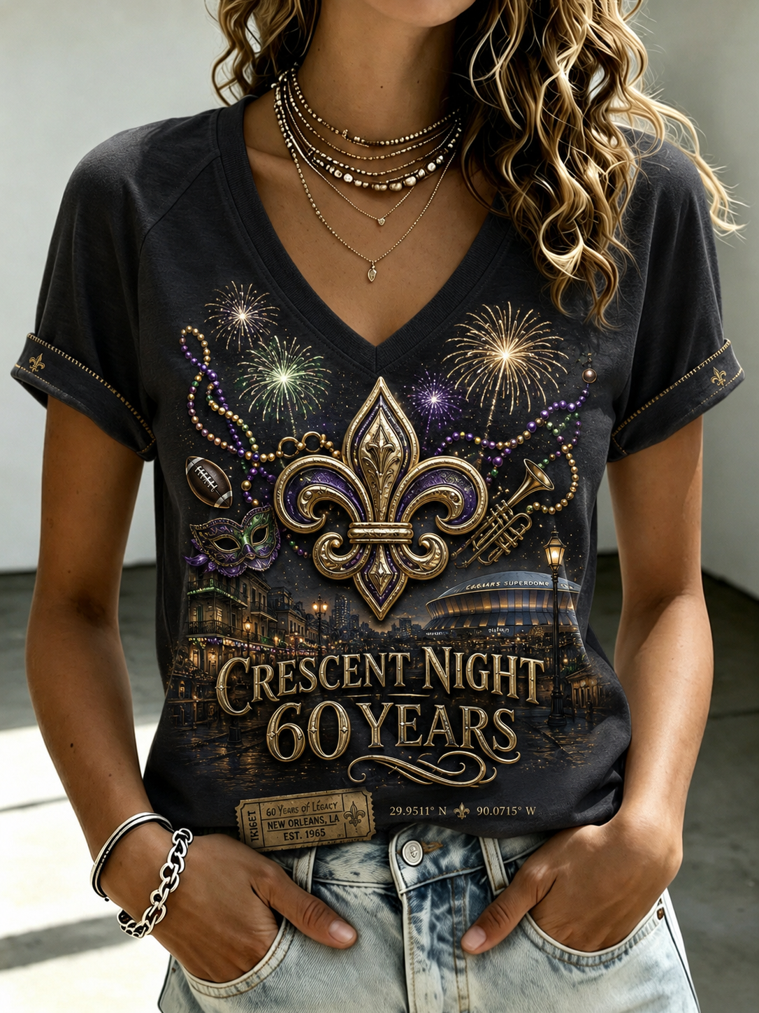 Women's New Orleans Saints V-Neck Off-Shoulder Short-Sleeved T-Shirt