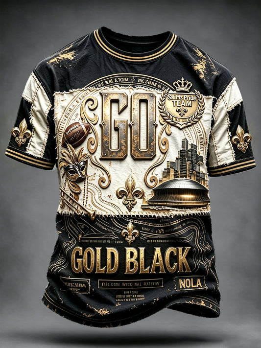 Men’s Retro Patchwork New Orleans Saints Football Print Casual T-shirt