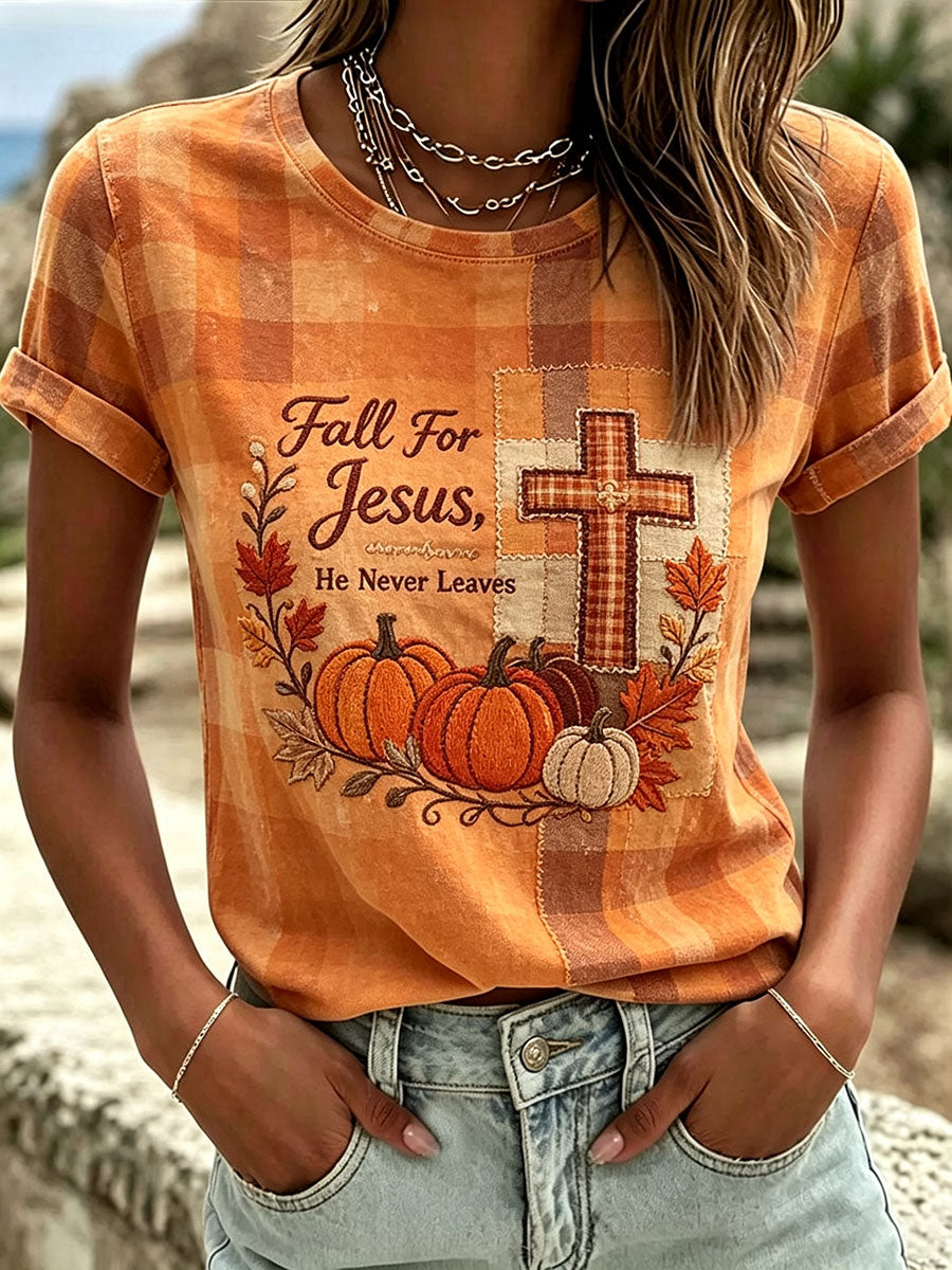 Women's Fall For Jesus He Never Leaves T-Shirt