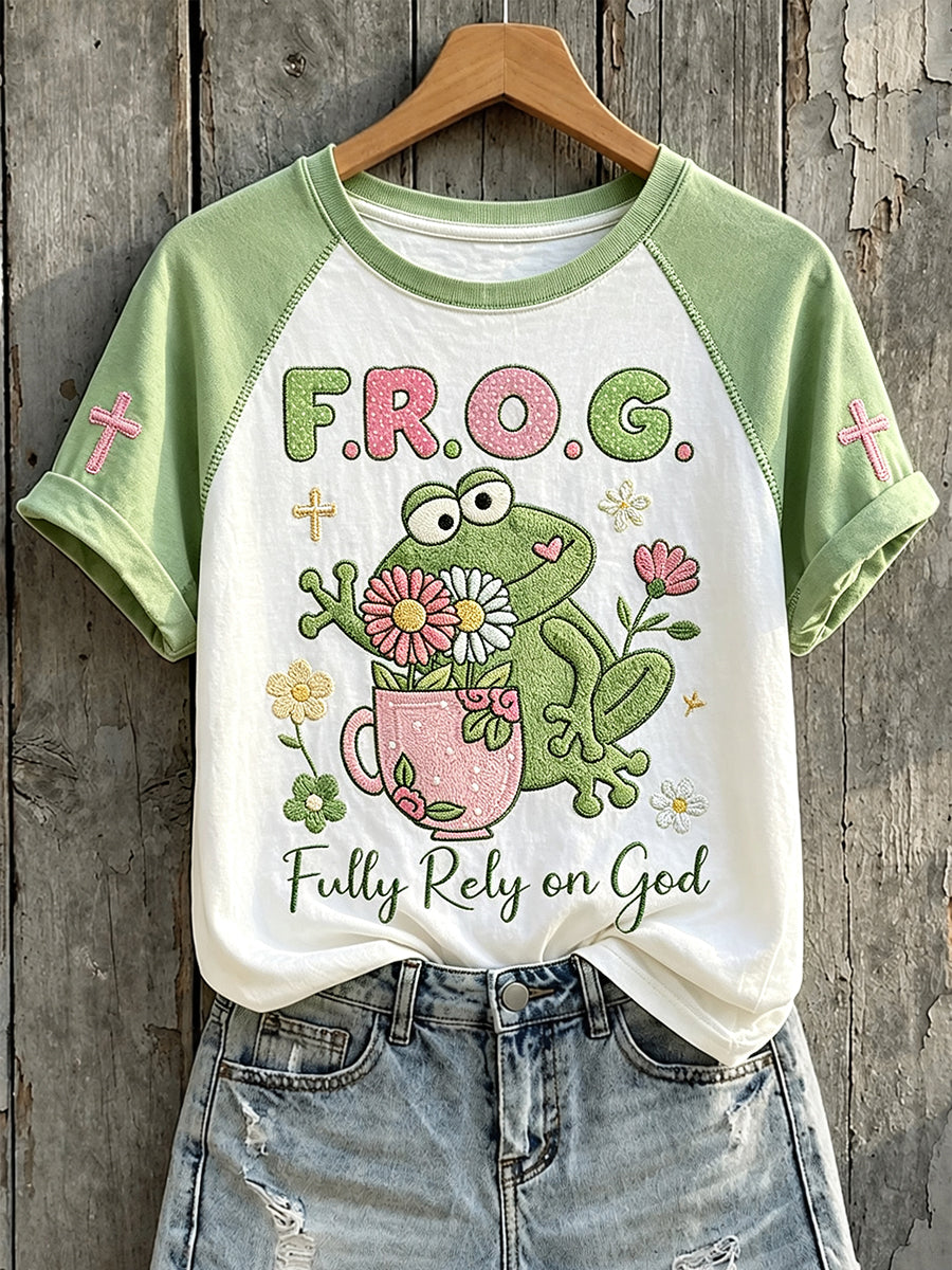 Women's Fully Rely On God Frog with Coffee Cup with Flowers Print Short Sleeve T-shirt
