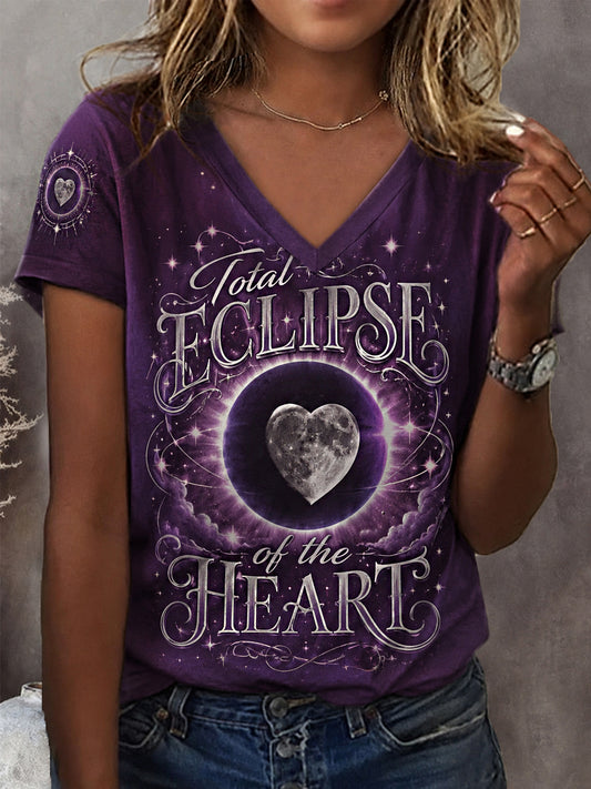 Women's Total Eclipse Of The Heart Print Casual V-Neck Tee