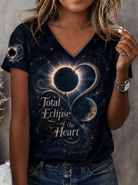 Women's Total Eclipse Of The Heart Print Casual V-Neck Tee