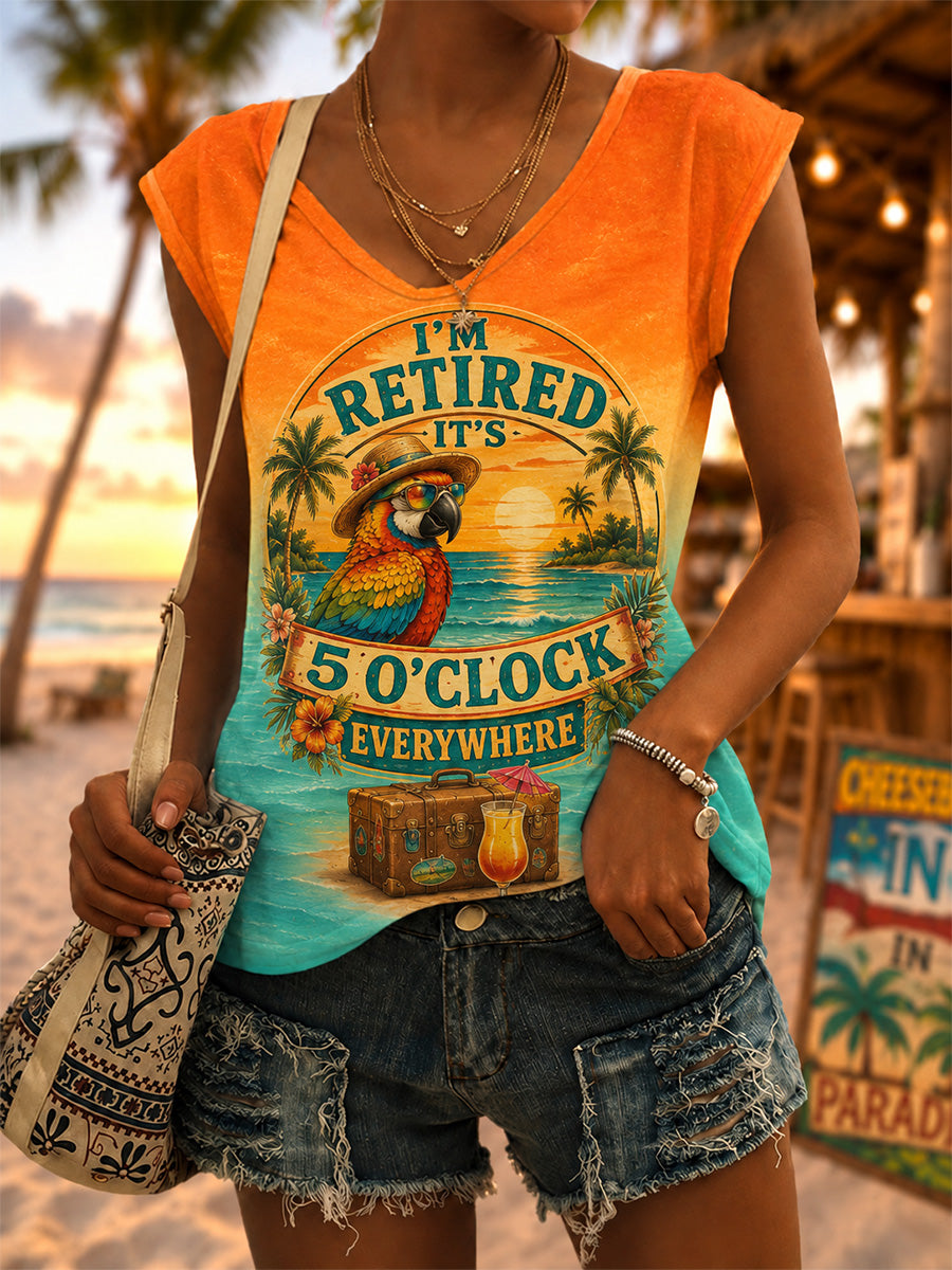 Women's I'm Retired It's 5 O'clock Everywhere Parrot Print Casual V-Neck Vest