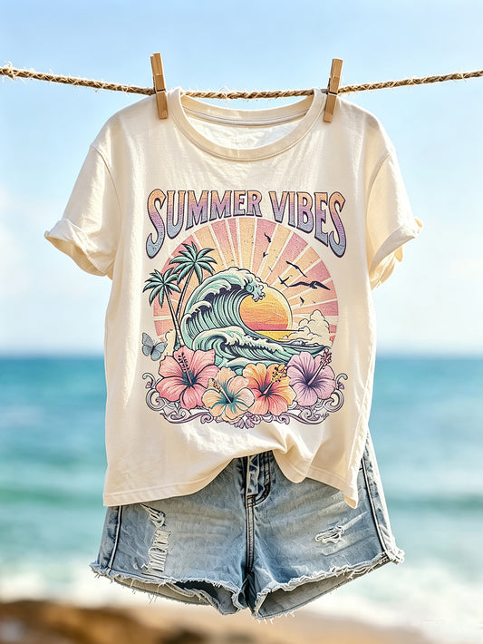 Women's Vacation Pattern Printed Casual Short Sleeve T-shirt