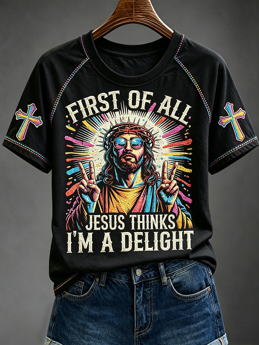 Women's Retro First of All Jesus Thinks I'm A Delight Funny Colorful Graffiti Print Short Sleeve T-shirt