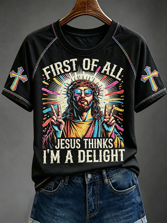 Women's Retro First of All Jesus Thinks I'm A Delight Funny Colorful Graffiti Print Short Sleeve T-shirt