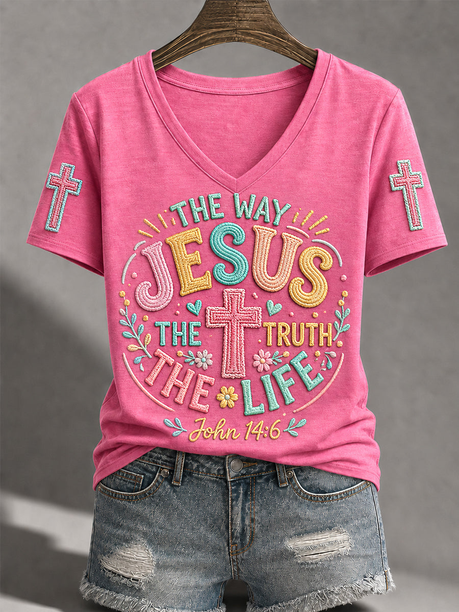 Women's Jesus The Way The Truth The Life Cross Print Casual V-Neck Tee