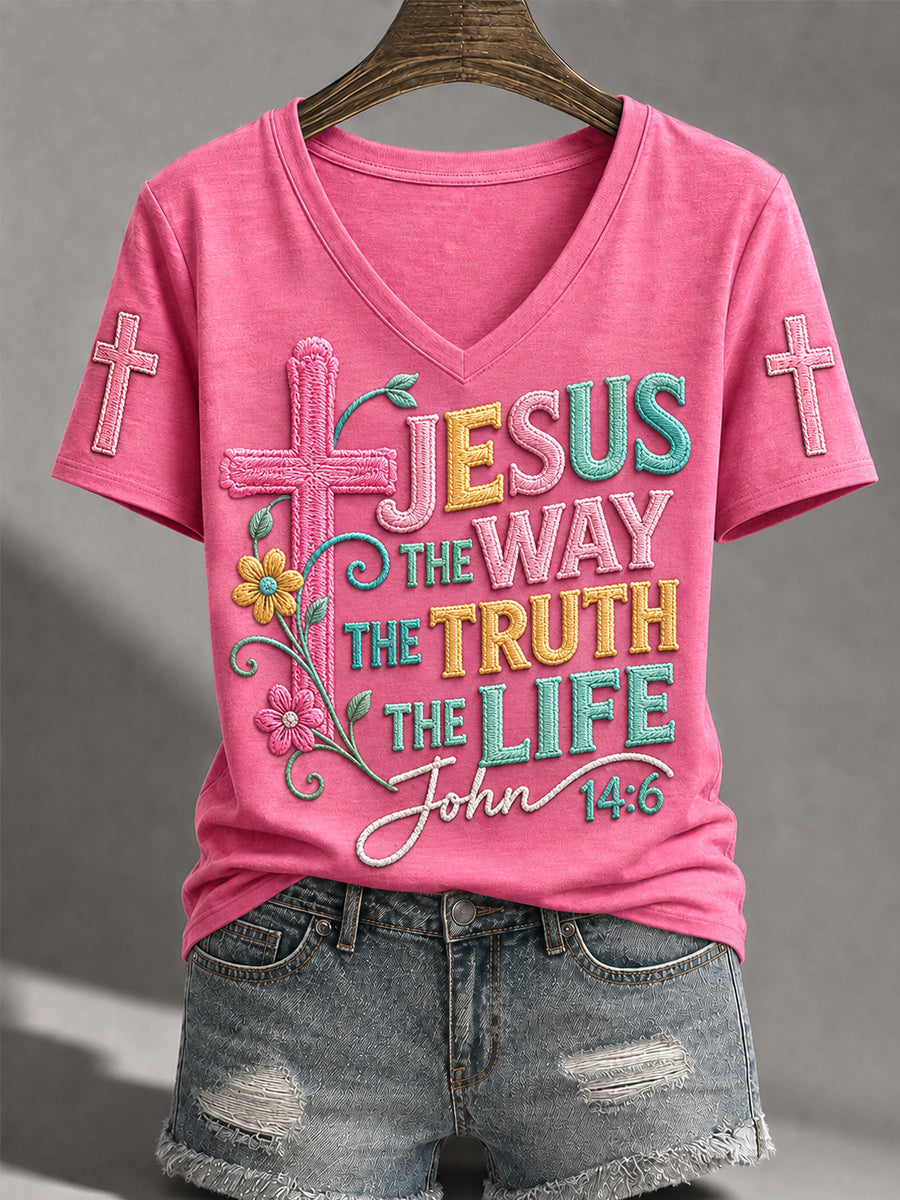 Women's Jesus The Way The Truth The Life Cross Print Casual V-Neck Tee