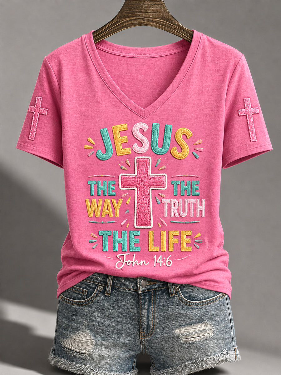 Women's Jesus The Way The Truth The Life Cross Print Casual V-Neck Tee