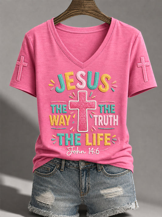 Women's Jesus The Way The Truth The Life Cross Print Casual V-Neck Tee