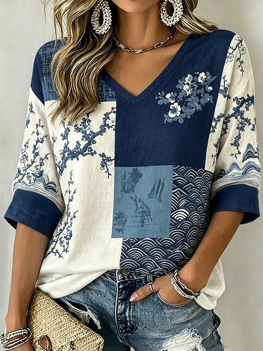 Women's Japanese Art Style Flower Pattern Printed Casual Linen V-Neck Shirt
