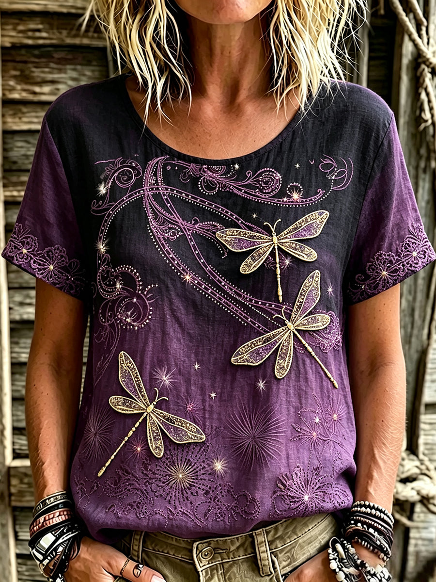 Women's Vintage Dragonfly Art Print Purple Gradient Linen Short-sleeved T-shirt