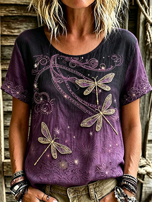 Women's Vintage Dragonfly Art Print Purple Gradient Linen Short-sleeved T-shirt