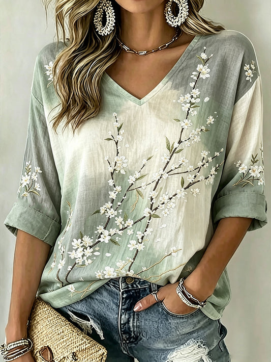 Women's Japanese Art Style Flower Pattern Printed Casual Linen V-Neck Shirt