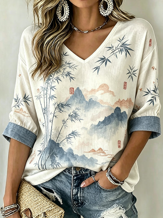 Women's Japanese Art style Landscape Pattern Printed Casual Linen V-Neck Shirt