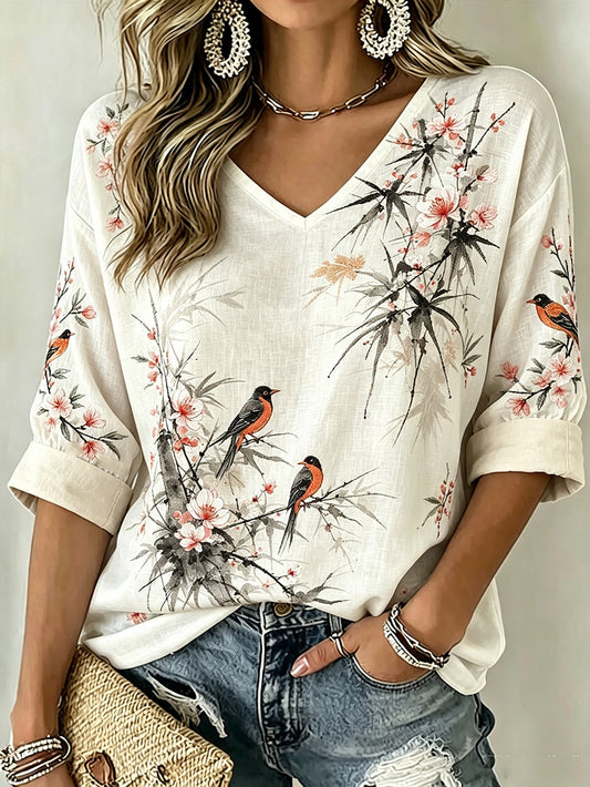 Women's Japanese Art Style Flower Pattern Printed Casual Linen V-Neck Shirt