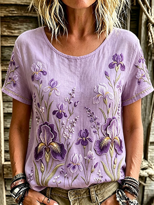 Women's Classy Purple Iris Art Print Linen Short-sleeved T-shirt