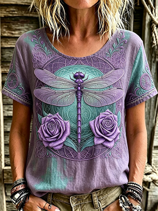 Women's Purple Rose & Dragonfly Art Print Linen Short-sleeved T-shirt