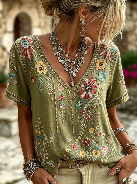 Women's Vintage Boho Floral Art Print linen short-sleeved T-shirt