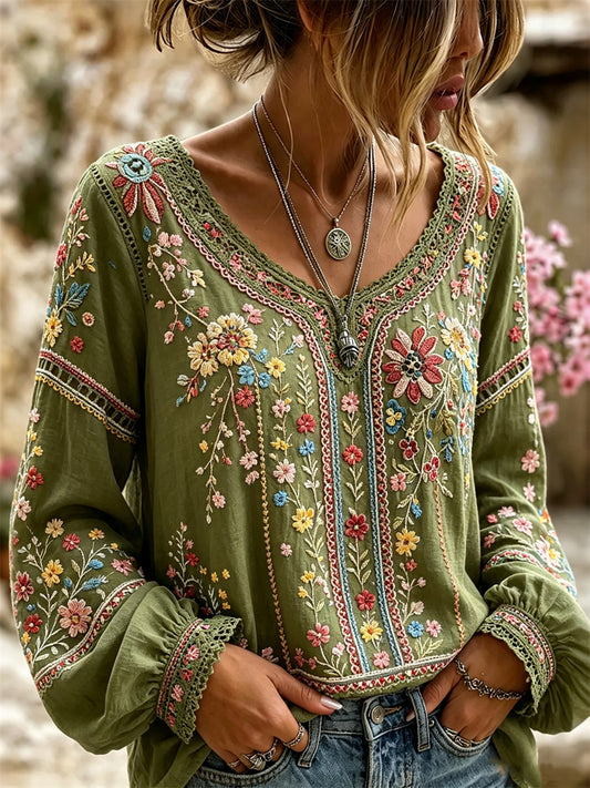 Women's Vintage Boho Floral Art Print Cotton-Linen Shirt