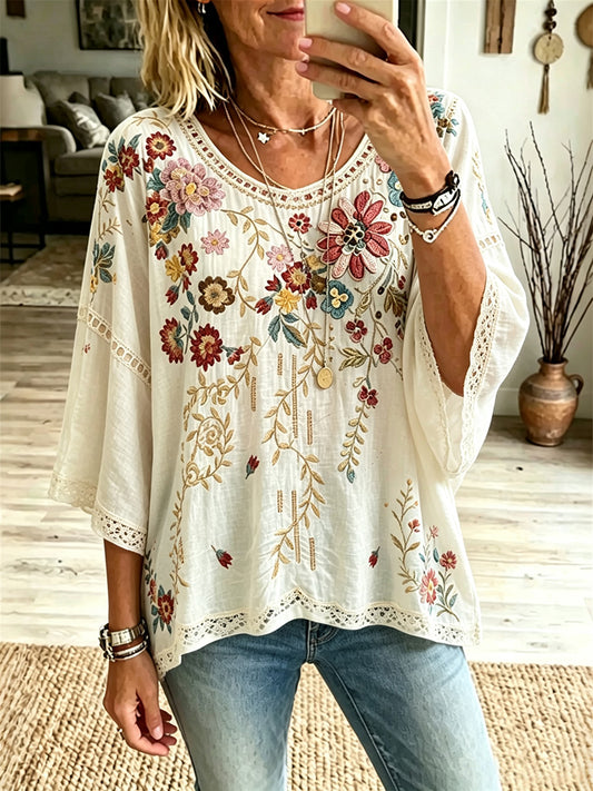 Women's Vintage Boho Floral Art Print linen Mid-sleeved T-shirt