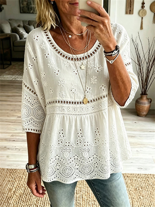 Women's Vintage Cottagecore Floral Lace Art Print Pleated linen Mid-sleeved T-shirt