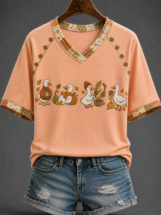 Women's Autumn V-neck Off-shoulder Short-sleeved T-shirt