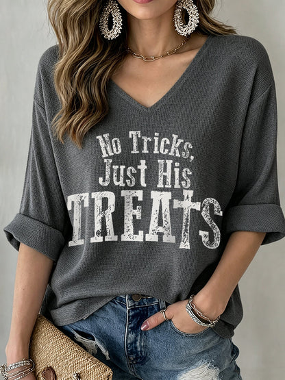 Women's No Tricks Just His Treats Print Waffle T-shirt