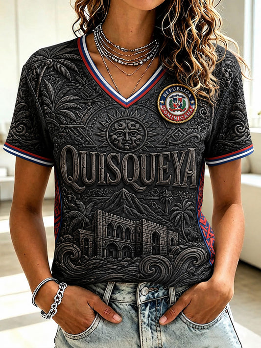 Women's Dominican Quisqueya Printed V-neck T-shirt