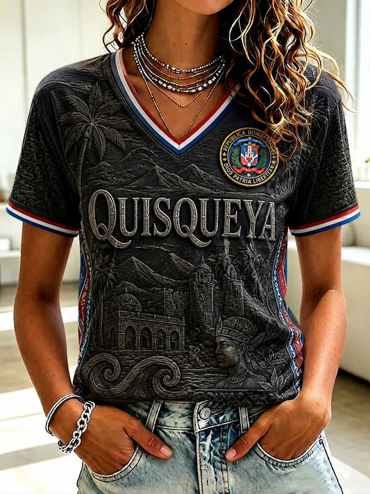 Women's Dominican Quisqueya Printed V-neck T-shirt