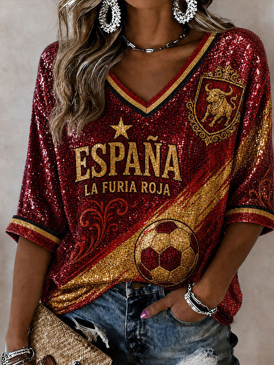 Women's Spain Football Mid-length Sleeves V-Neck T-Shirt