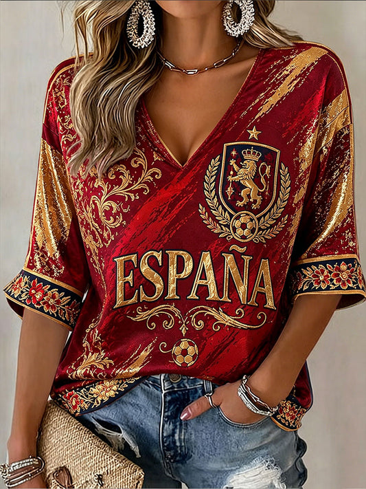 Women's Spain Mid-length Sleeves V-Neck T-Shirt
