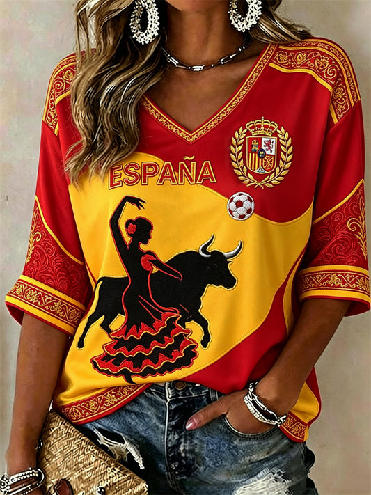 Women's Spain Football Flamenco & Bullfighting Flag Colorblock Mid-length Sleeves V-Neck T-Shirt