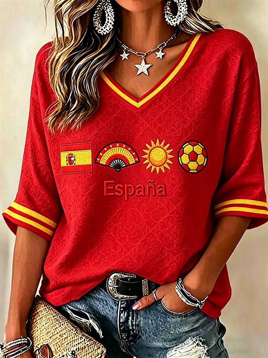 Women's Spain Football Inspired Print Mid-length Sleeves V-Neck T-Shirt