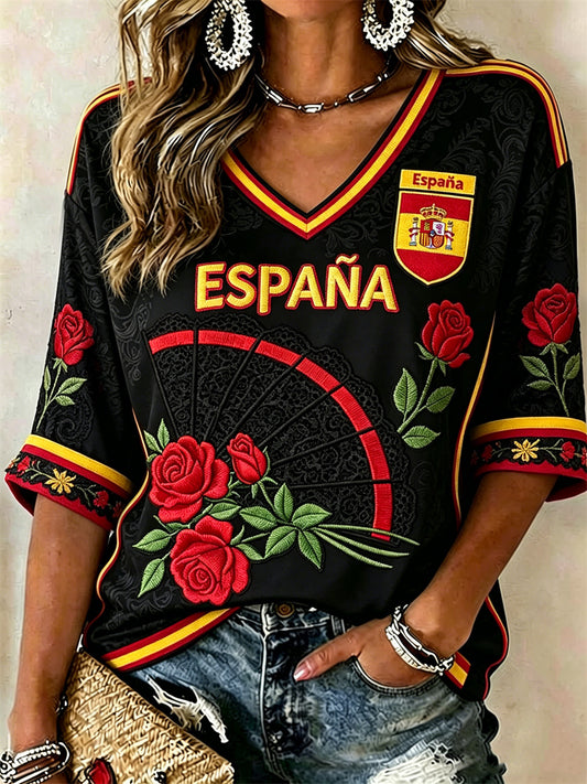 Women's Spain Football Roses & Lace Fan Flag Inspired Print Mid-length Sleeves V-Neck T-Shirt