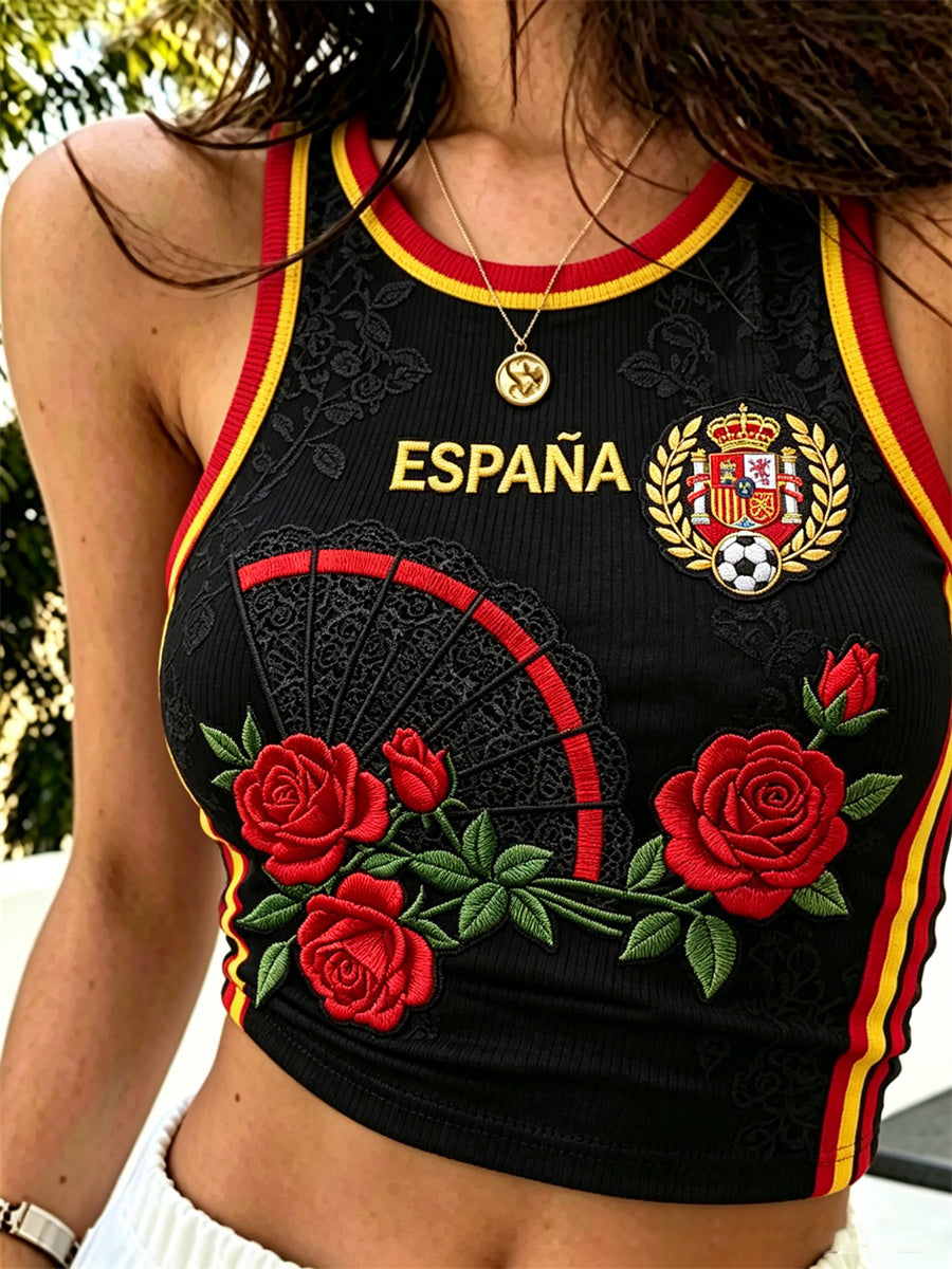 Women's Spain Football Roses & Lace Fan Flag Striped Print Crop Tank Top